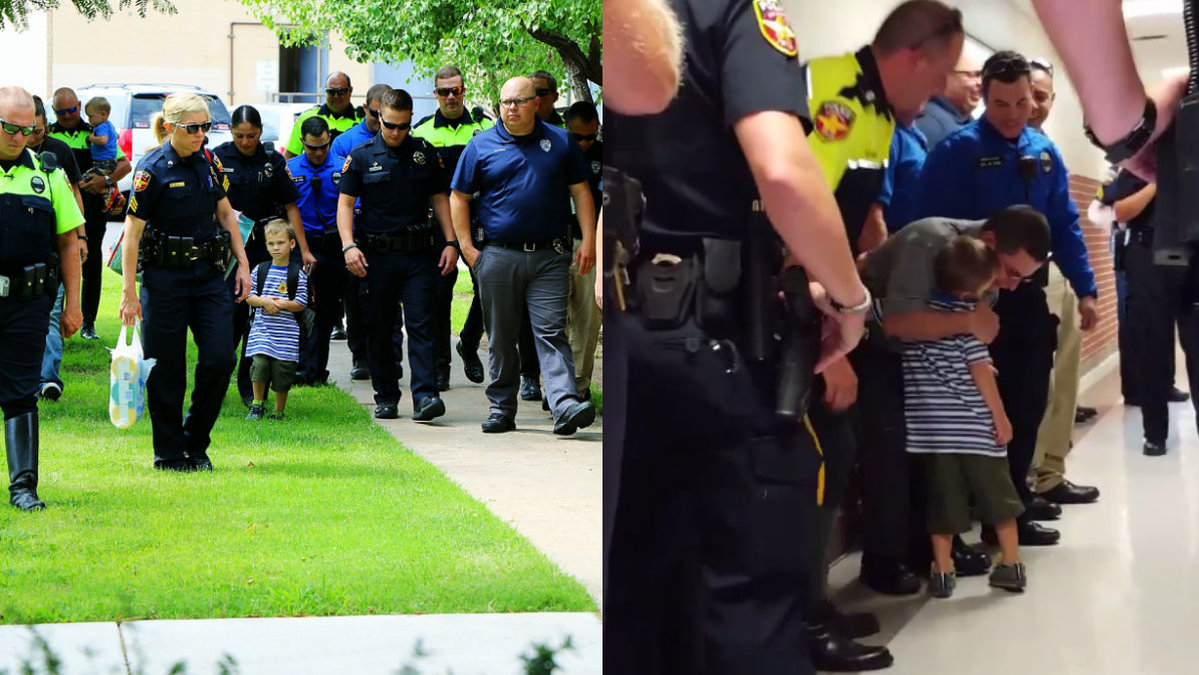 Poliskollegorna eskorterade sonen till skolan.