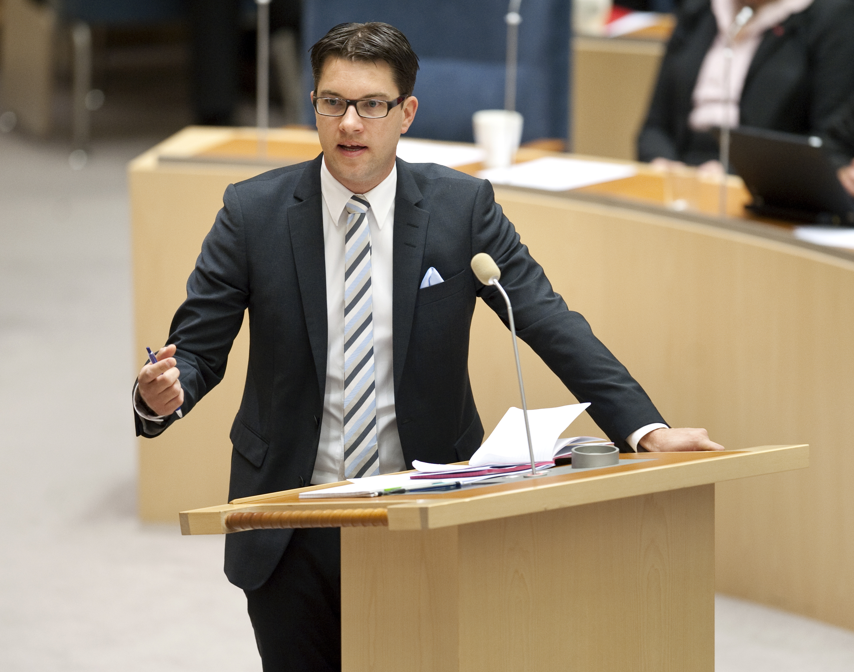 Partiledaren Jimmie Åkesson har inte uttalat sig sedan rättegången mot Breivik började.