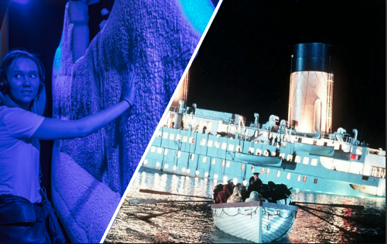 Besökare på världsutställningen om Titanic / Bild från filmen Titanic från 1997