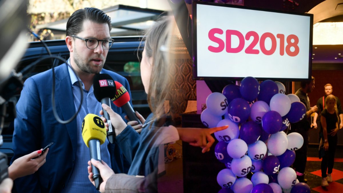 Jimmie Åkesson. Till höger en skärm med texten "SD2018". Montage