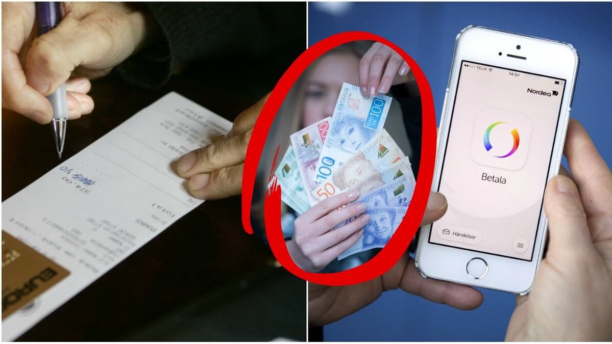 Någon skriver på ett kvitto och någon håller i en mobil som visar Swish-appen.