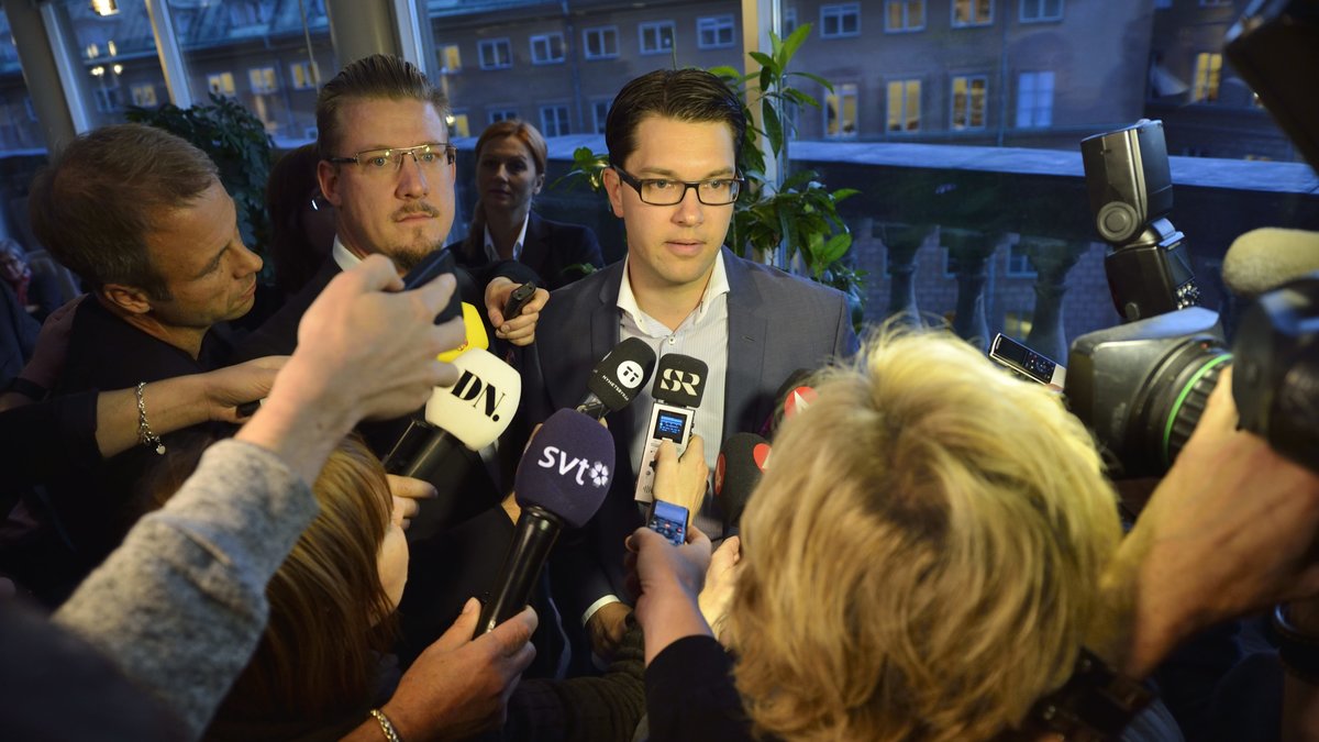Åkesson mötte pressen dagen efter tårtattacken.