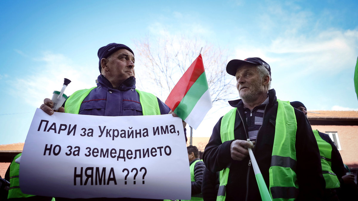 'Det finns pengar för Ukraina men inte för jordbruket?' protesterar bönder i Bulgarien vid en demonstration i Sofia i början av februari. Arkivbild.