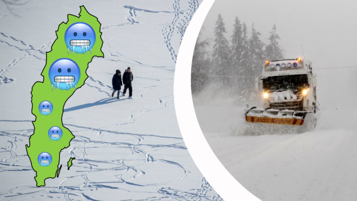 Människor går i snön, plogbil plogar, Sverigekarta