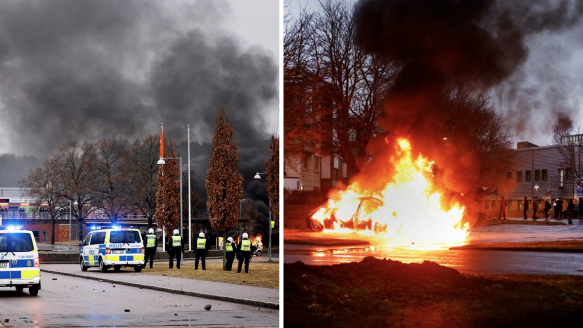 En bil brinner för fullt på en parkering i stadsdelen Navestad i Norrköping i samband med torsdagens upplopp.