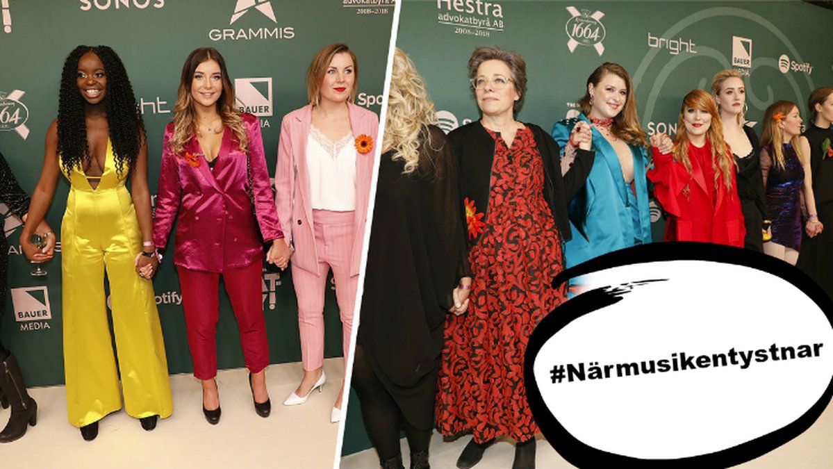 Svenska kvinnliga kändisar protesterade mot sexuella övergrepp och trakasserier under Grammisgalan.
