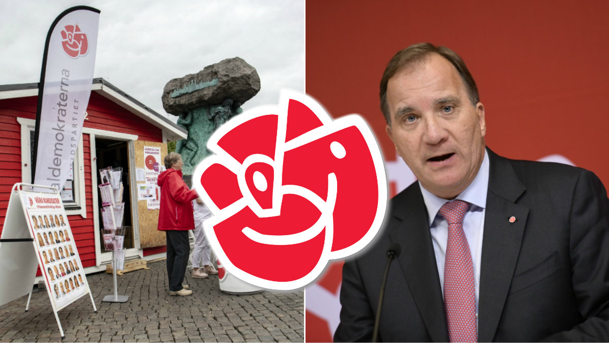 En av Socialdemokraternas valstugor, Stefan Löfven. Socialdemokraternas logo.