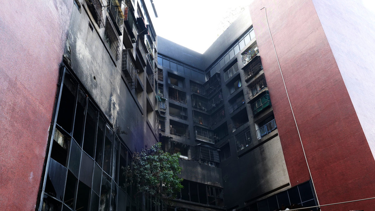 Den utbrända byggnaden i Kaohsiung i södra Taiwan efter den dödliga branden i oktober i fjol.