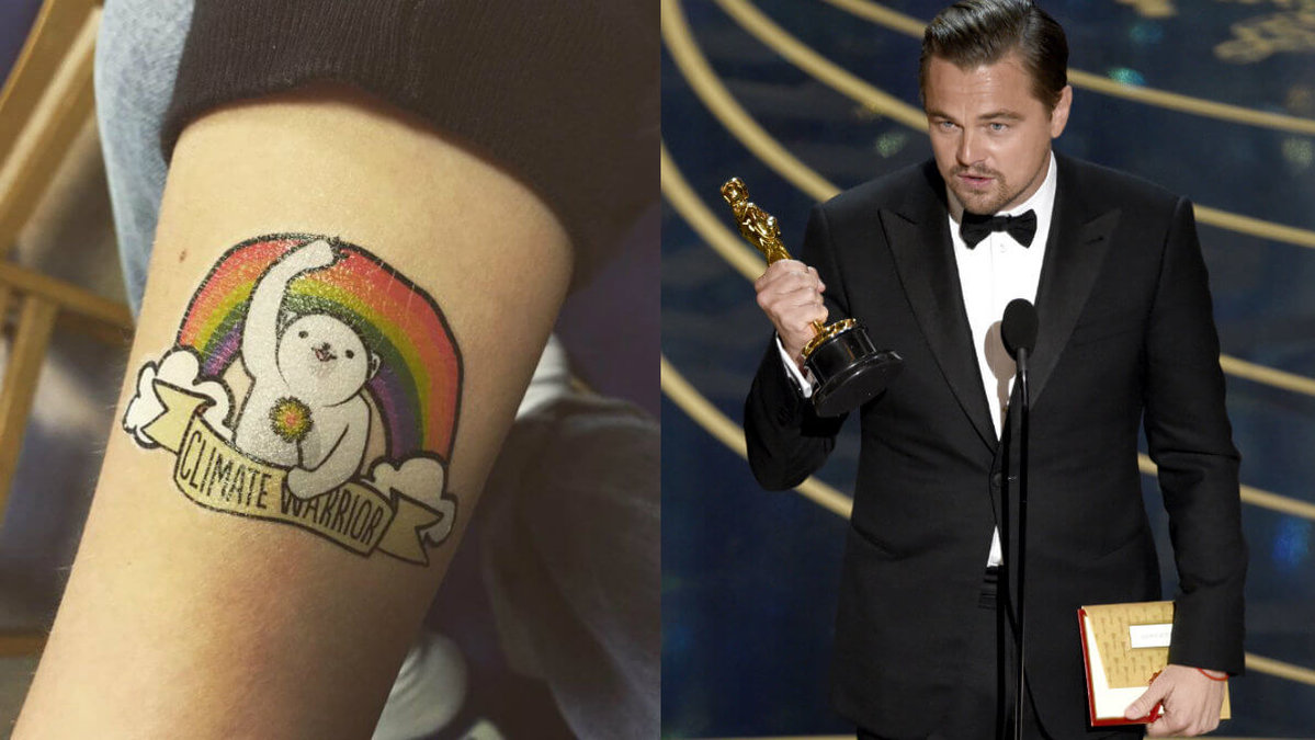 Grön Ungdom har skickat tatueringar till Leonardi DiCaprio efter skådespelarens tal på Oscarsgalan.