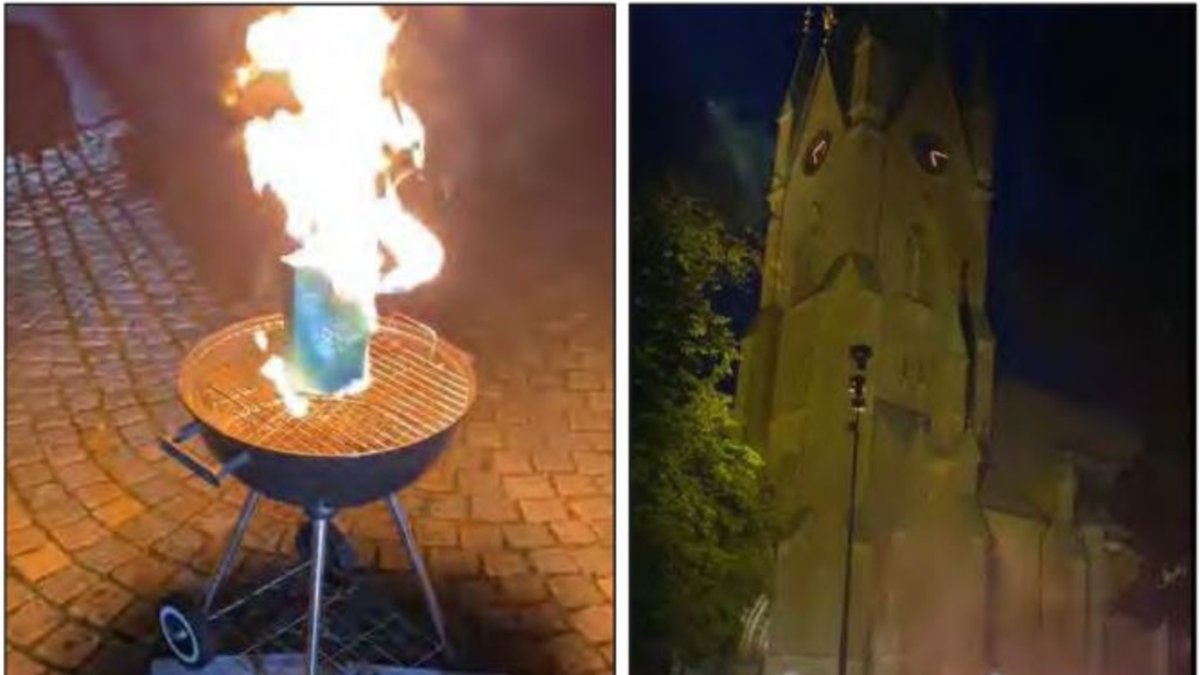 Skärmavbild från filmen på koranbränningen utanför Linköpings domkyrka, som publicerades på Youtube i september 2020.