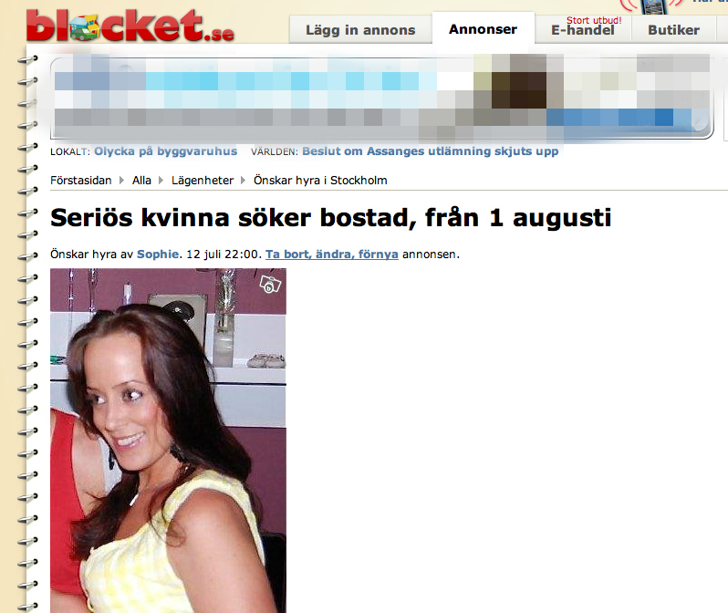 Sophie Söderberg kontaktades bara några timmar efter hon la upp sin annons på Blocket.