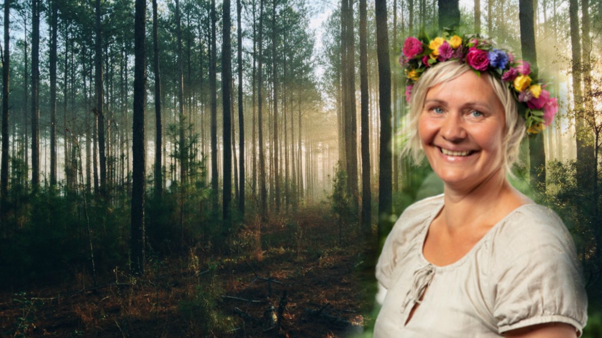 Maria "Vildhjärta" Westerberg omgiven av skog