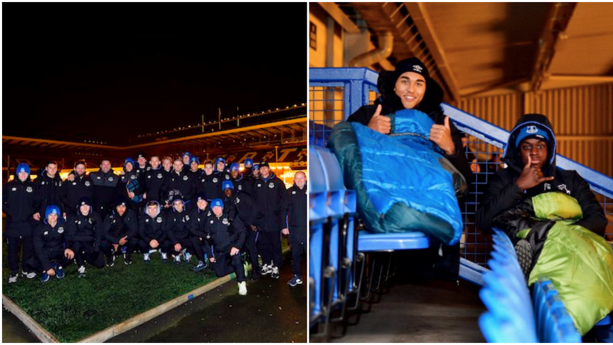 Evertons spelare sov ute på deras arena Goodison Park. 