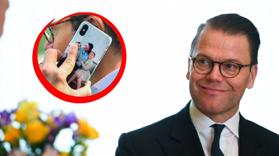Prins Daniel – en inringad bild visar Daniels mobilfodral, där hans familj syns. 