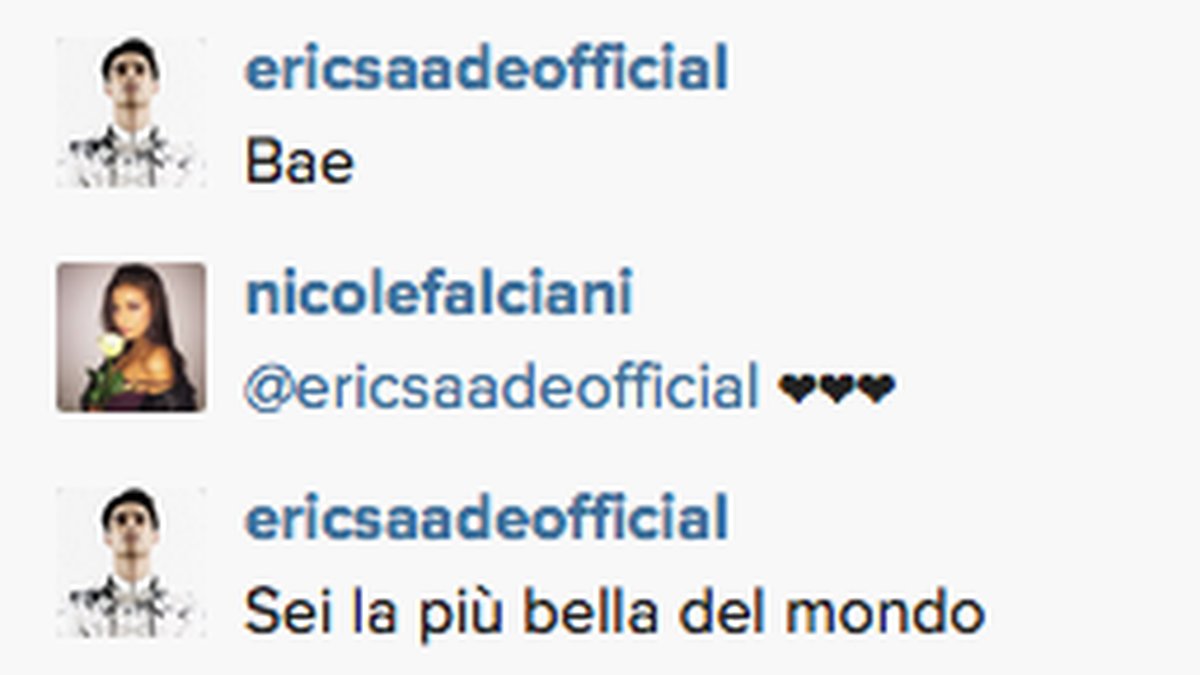 I kommentarsfältet är de gulliga mot varandra. Erics kommentar betyder: "Du är vackrast i hela världen" på italienska. 