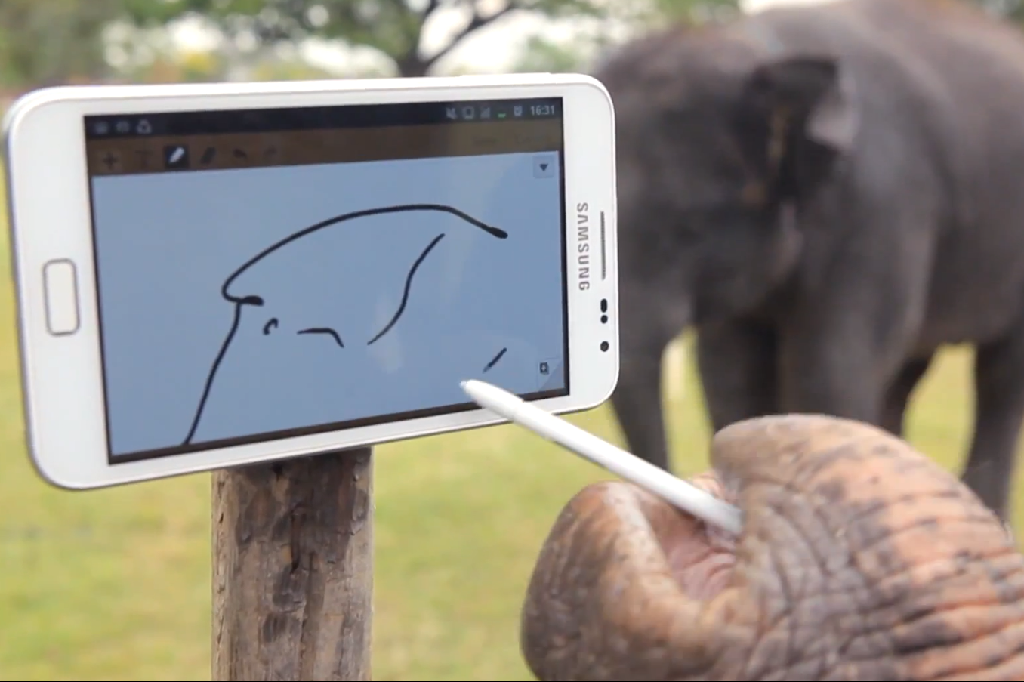Elefanten Peter ritar av en kompis.