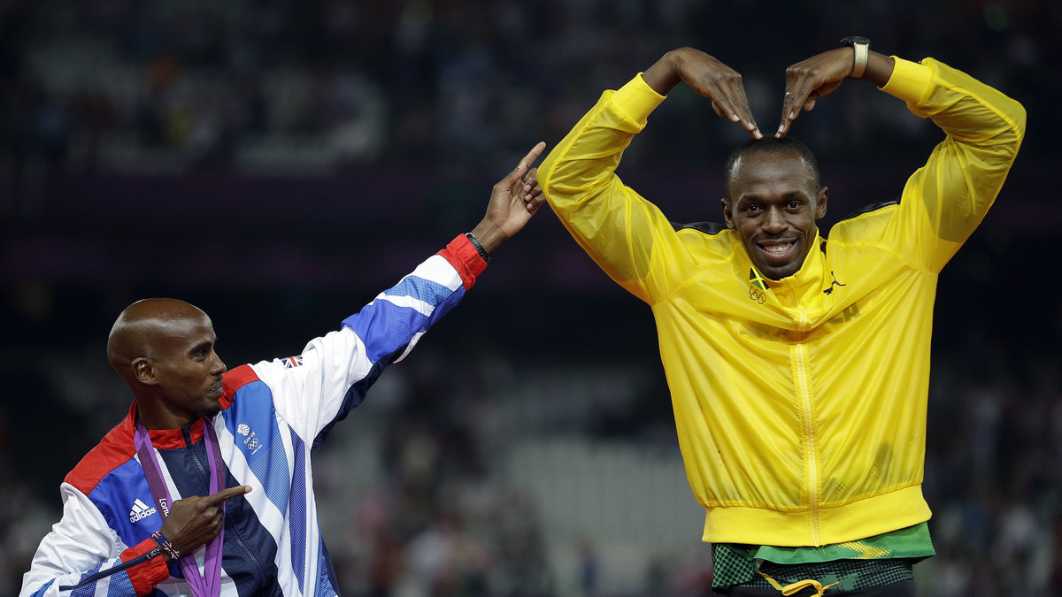 OS i Londons två största profiler Mohammed "Mo" Farah och Usain Bolt byter målgester.