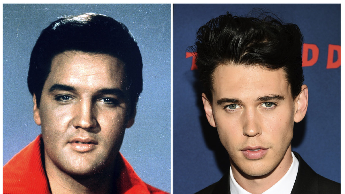 Elvis Presley porträtterad 1964 och till höger skådespelaren Austin Butler som spelar rockikonen i den kommande filmen 'Elvis'. Arkivbild.