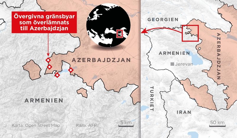 Kartan visar Tavusj-regionen med omgivande gränstrakt mot Azerbajdzjan. De fyra byar som Armenien har lämnat över kontrollen till Azerbajdzjan har märkts ut.