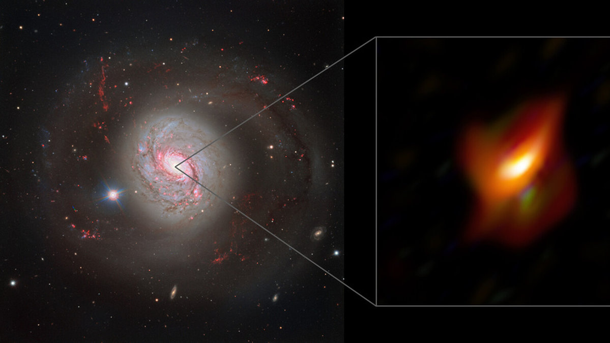 Till vänster syns galaxen Messier 77 och till höger visas galaxens innersta del, dess aktiva galaxkärna.