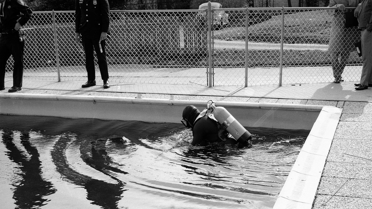 En av polisens dykare letar efter mordvapnet i familjens pool.