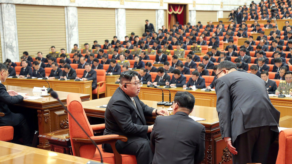 Kim Jong-Un talar med deltagare på ett partimöte i Pyongyang. Bilden tillhandahålls av Nordkoreas regering.