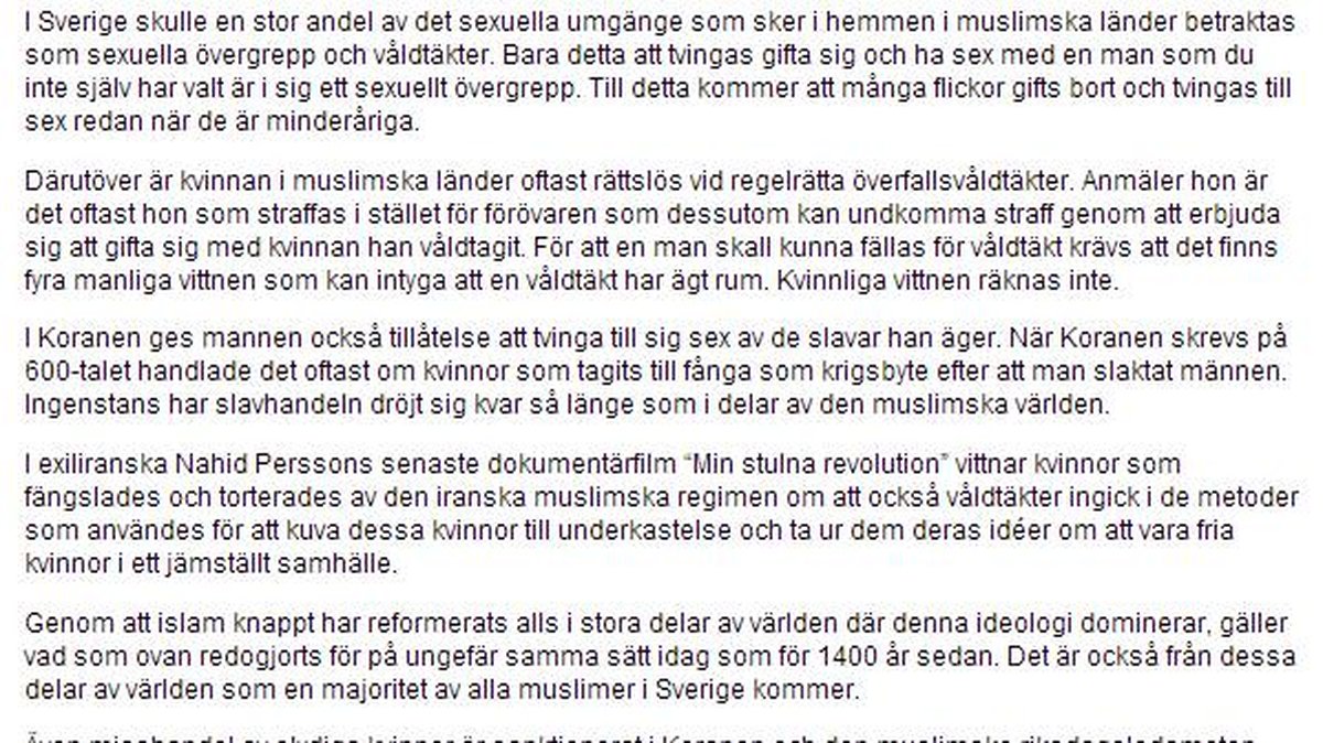 "I Sverige skulle en stor andel av det sexuella umgänge som sker i hemmen i muslimska länder betraktas som sexuella övergrepp och våldtäkt"