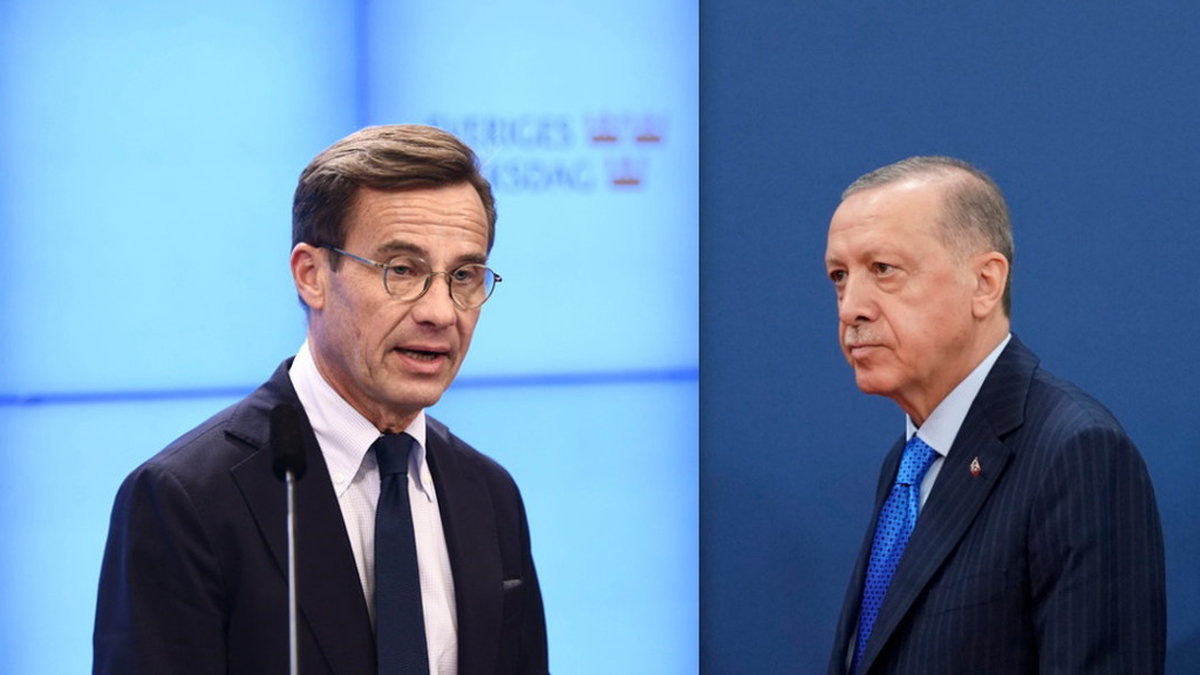 Till vänster statsminister Ulf Kristersson (M) och till höger Turkiets president Recep Tayyip Erdogan. Bilden är ett montage.