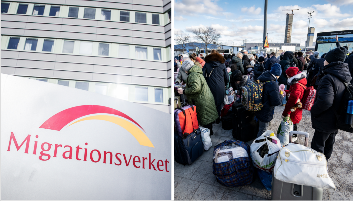 Genrebild på Migrationsverkets logga. Genrebild på ukrainska flyktingar i Sverige.