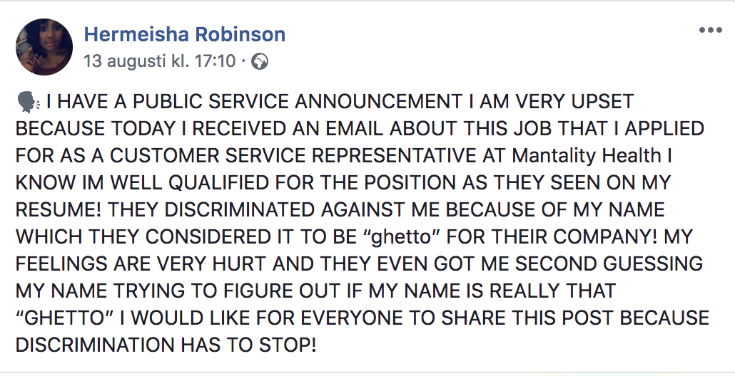 Hermisha Robinsons inlägg på Facebook. Hermisha Robinsons inlägg på Facebook.