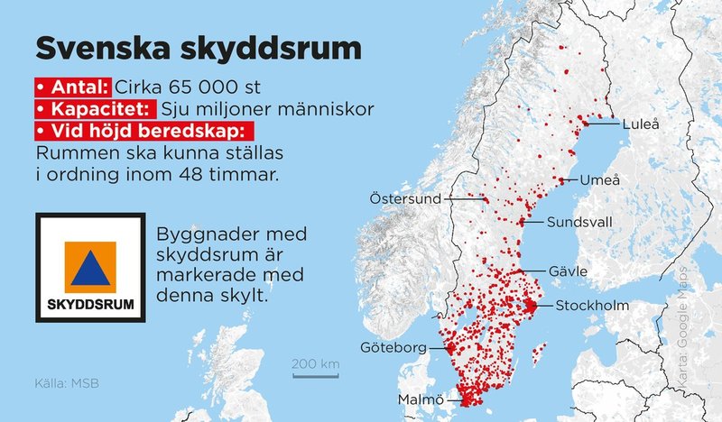 Det finns i Sverige i dag cirka 65 000 skyddsrum med plats för sju miljoner individer.
