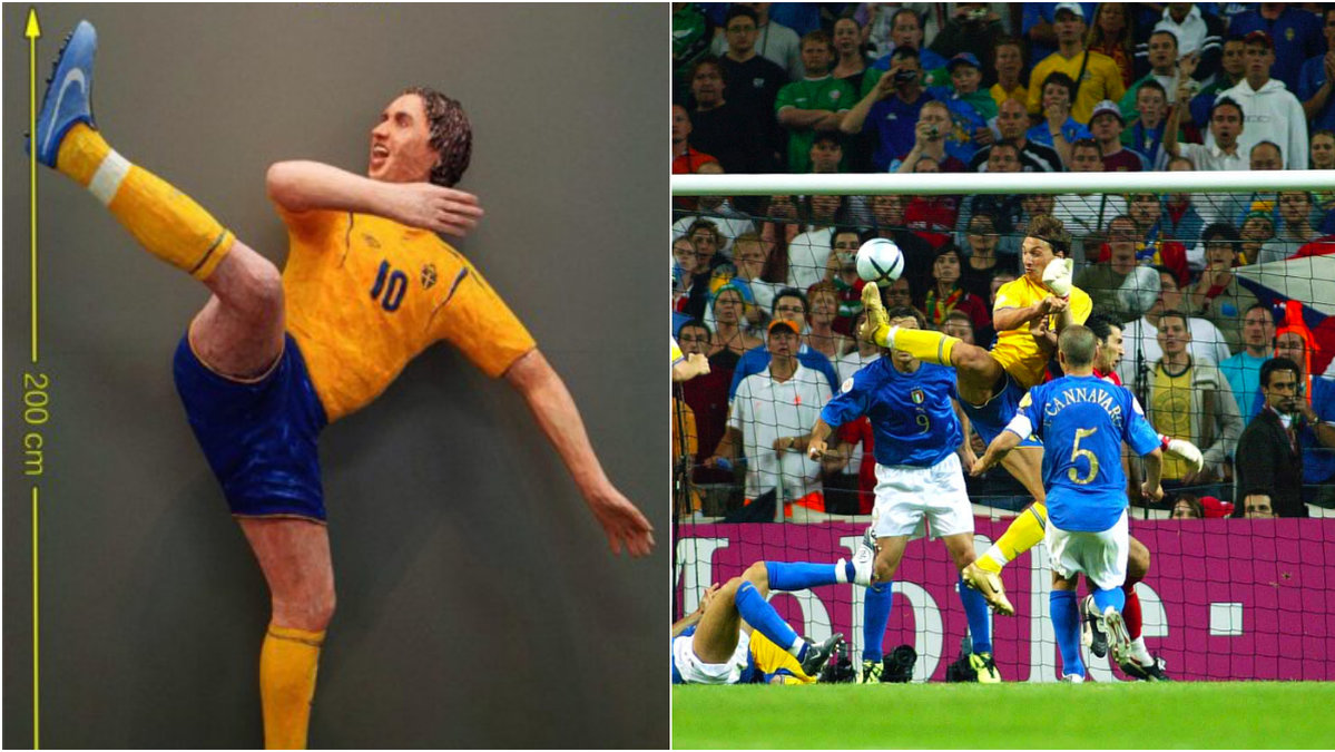 Gunnar Hansson har gjort en träskulptur av Zlatan Ibrahimovic klackmål mot Italien i EM 2004.