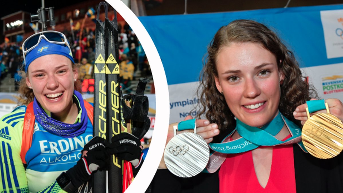 Hanna Öberg håller upp skidor, Hanna Öberg håller upp medaljer.