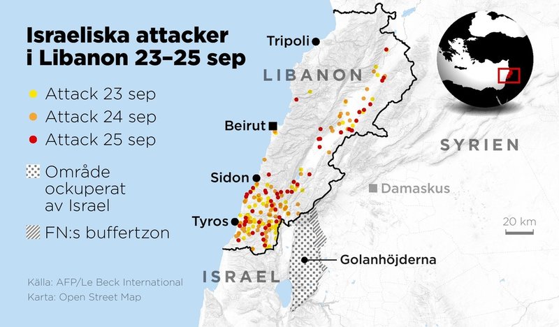 Kartan visar rapporterade israeliska attacker som skedde i Libanon 23–25 september.