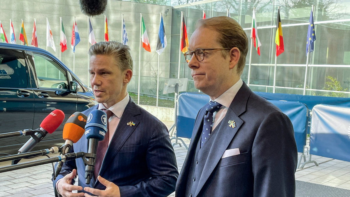 Försvarsminister Pål Jonson och utrikesminister Tobias Billström på väg in till måndagens EU-möte i Luxemburg.
