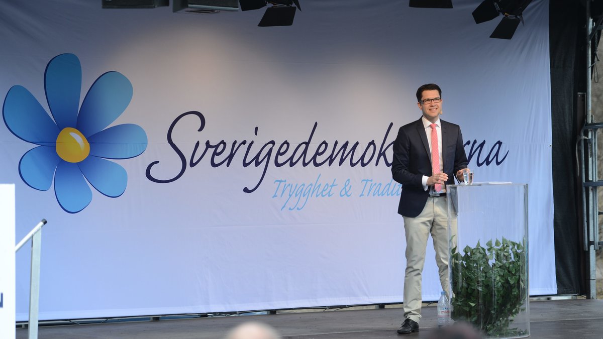 Partiledaren Jimmie Åkesson under sitt vårtal i Stockholm.
