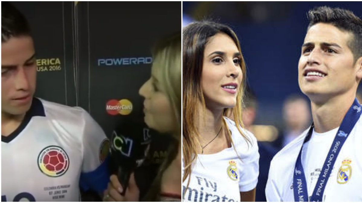 Finns en flirt mellan TV-journalisten och James Rodríguez? Till höger ses James med sin fru – som även är landslagsmålvakten David Ospinas syster.