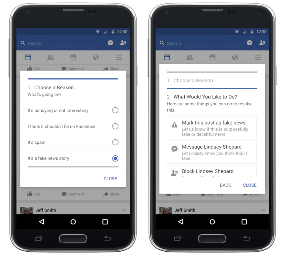 Det Facebook nu ska testa är att göra det lättare för folk att anmäla en misstänkt falsk artikel – genom att klicka på en knapp högst upp till höger på inlägget.