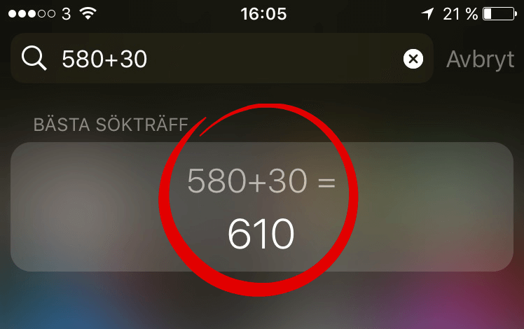 Kalkylator i sökfältet på iPhone Kalkylator i sökfältet på iPhone