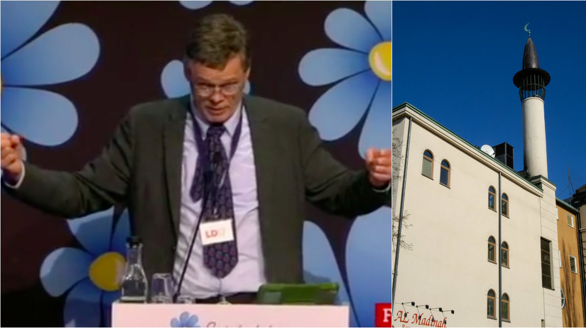 Martin Strid, Sverigedemokraterna, i talarstolen. Till höger en moské. Bilden är ett montage.