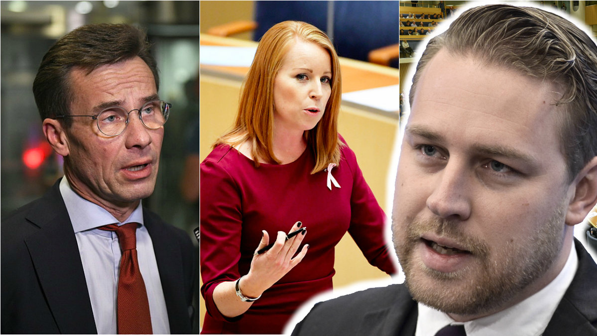 Delad bild på Ulf Kristersson och Annie Lööf, till höger i bilden är Sverigedemokraternas gruppledare Mattias Karlsson inklippt. 