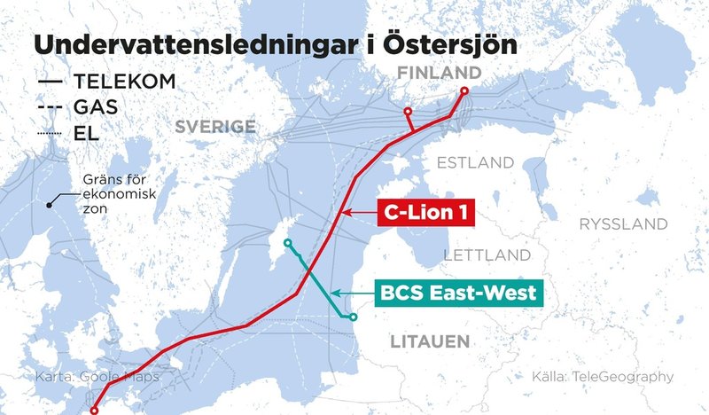 Skador har upptäckts på två datakablar som ligger på Östersjöns botten: C-Lion 1 som går mellan Finland och Tyskland och BCS East-West som går mellan Litauen och Sverige.