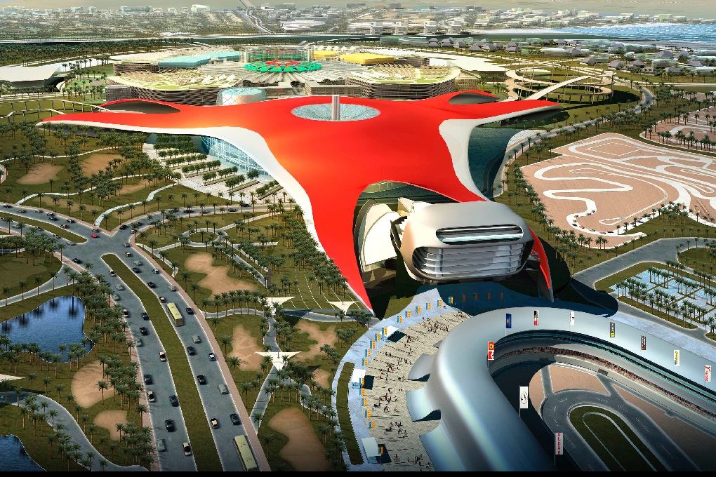 En datoranimerad bild av Ferrari Theme Park i Abu Dhabi där UFC 112 hålls.