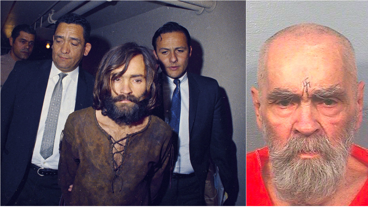 Två bilder på Charles Manson. Till höger en ung Manson med långt brunt hår och långt brunt skägg, till vänster en åldrad Manson med rakad skalle och vitt skägg. Mellan ögonen har han ett hakkors tatuerat. 