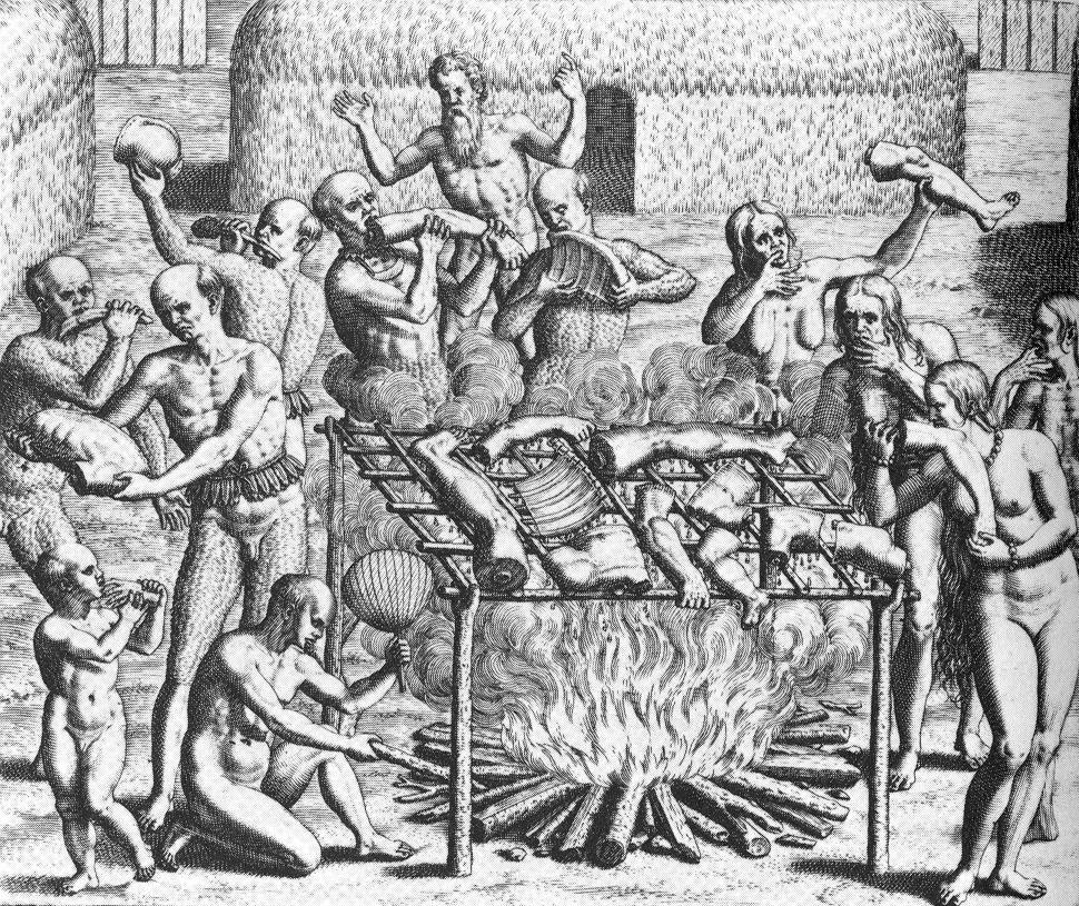 Teckning föreställande flera personer som äter människokött. På en stor grill i mitten av teckningen ligger flera mänskliga kroppsdelar. 