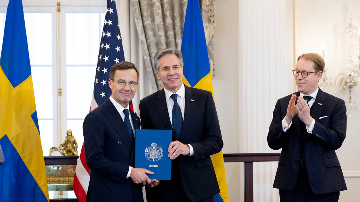 USA:s utrikesminister Antony Blinken och Sveriges statsminister Ulf Kristersson (M) samt utrikesminister Tobias Billström (M) på USA:s utrikesdepartement i Washington.