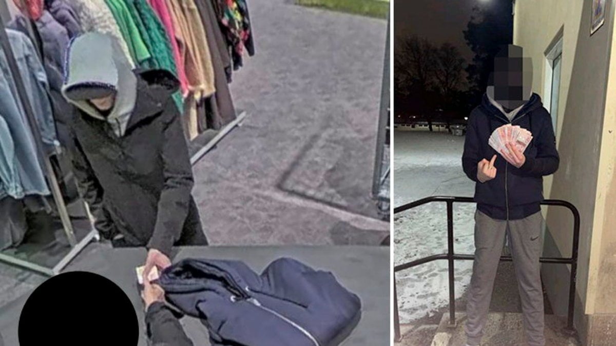 Den morddömde pojken köper en jacka (vänster) med pengarna han fått som betalning för mordet på en 15-åring i Skogås tre dagar tidigare. På bilden till höger poserar pojken med samma pengar. Bilder från polisens förundersökning.