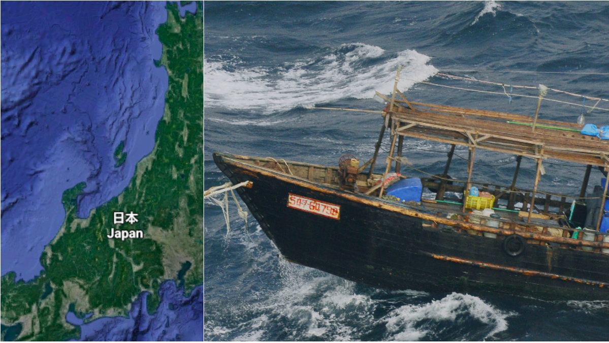 Ett fartyg bogseras. Till höger en karta över Japans västkust