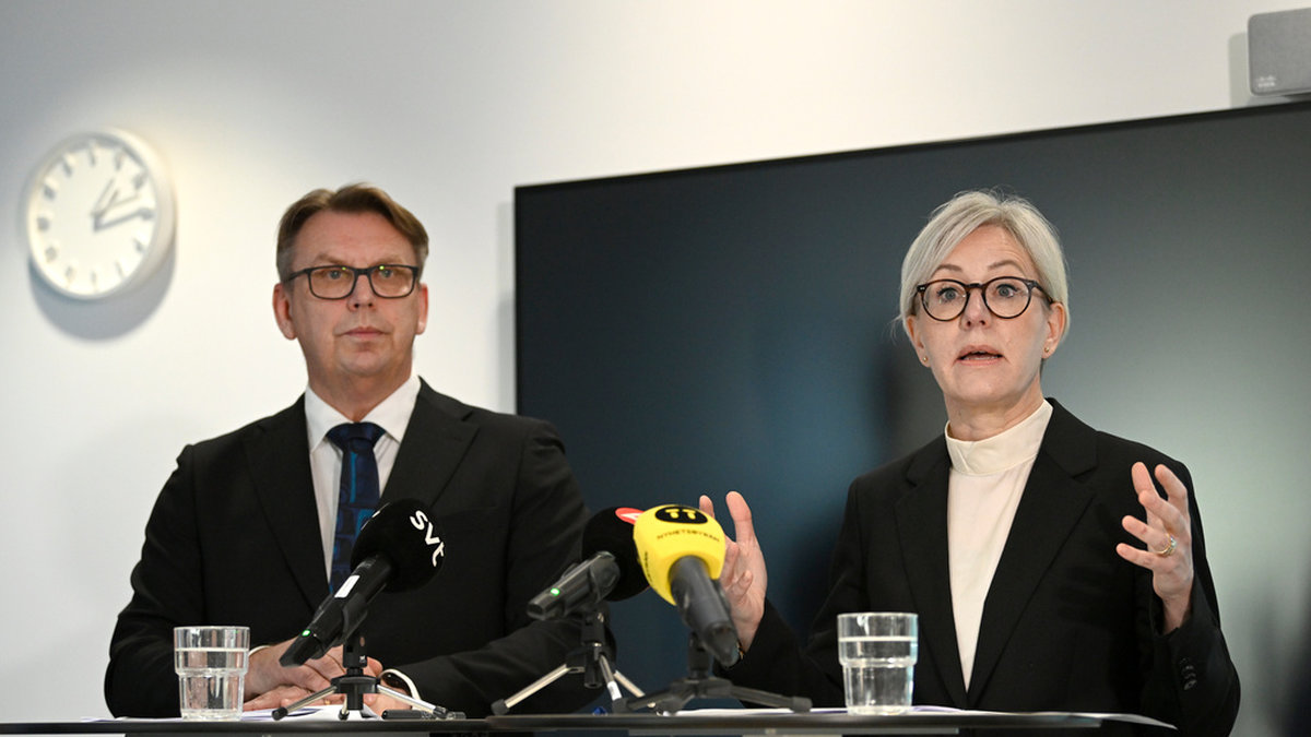 Ivo:s generaldirektör Sofia Wallström (till höger) och avdelningschef Peder Carlsson under en pressträff där man presenterar en rapport från nationell sjukhustillsyn.