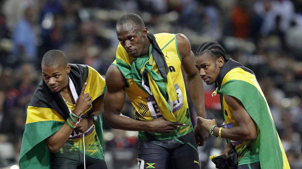 Warren Weir, Usain Bolt och Yohan Blake. 100 procent Jamaica på prispallen.